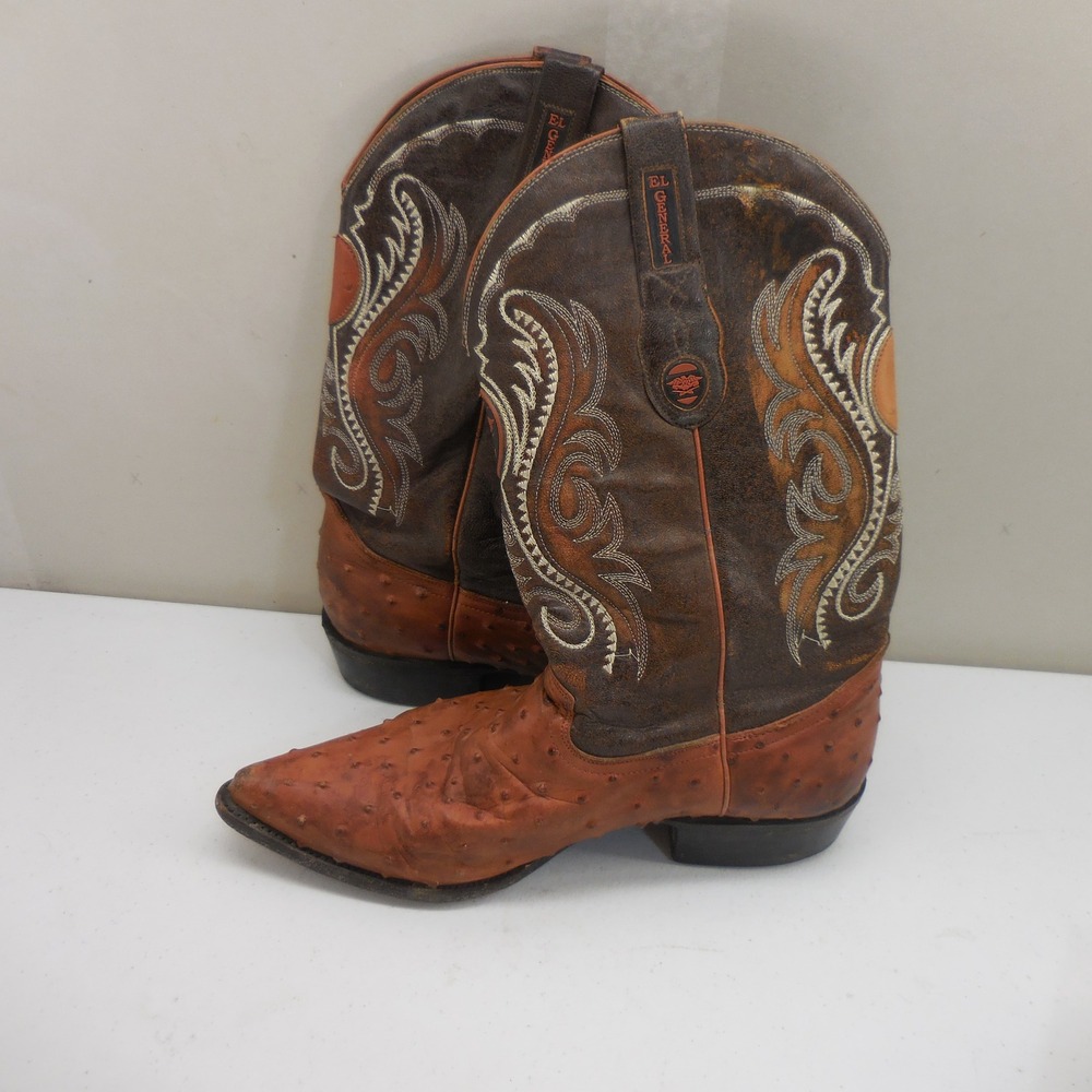 El General Mens Full Quill Ostrich Leather Western Cowboy Boots Brown 10.5